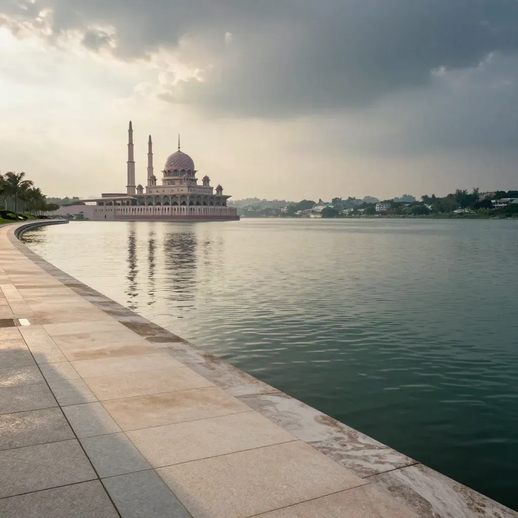 Pemandangan Tasik Putrajaya dengan kubah masjid, air berkilau dan awan ribut mulai reda.