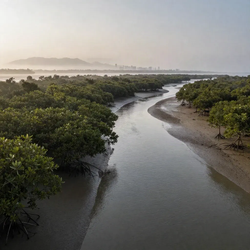 Muara bakau Johor dengan kabus rendah dan bandar jauh di ufuk pagi.