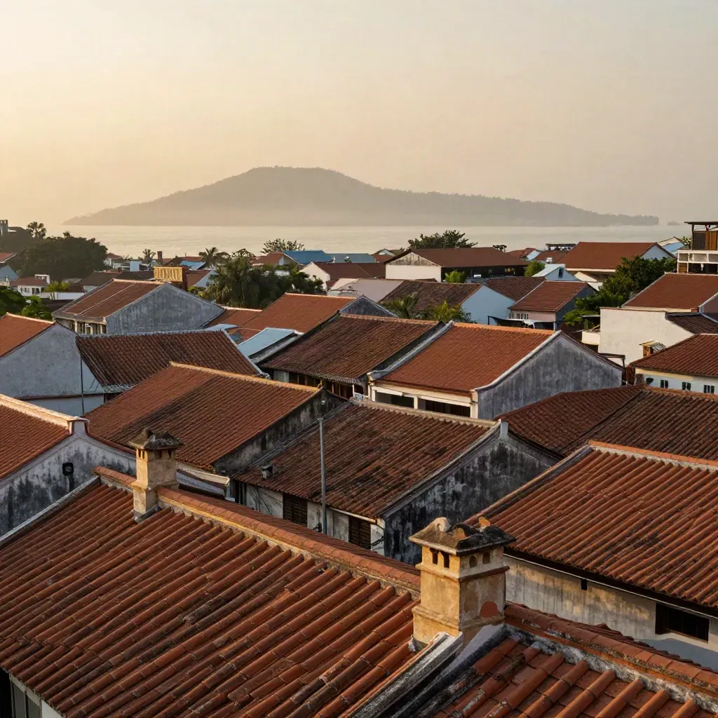Bumbung warisan Pulau Pinang dengan siluet Bukit Bendera diselimuti jerebu senja.