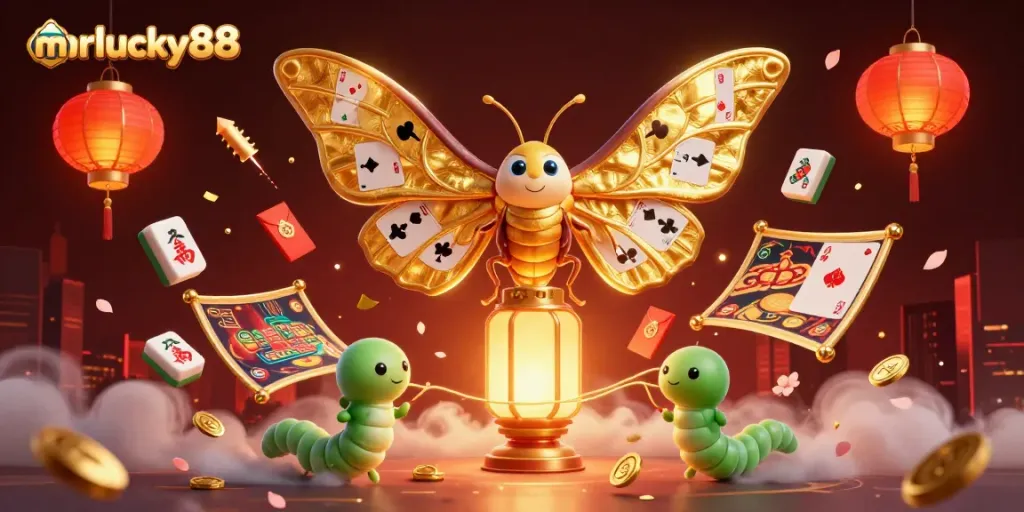 Play casino games with mrlucky88, featuring vibrant 3D elements of slots and golden lanterns.