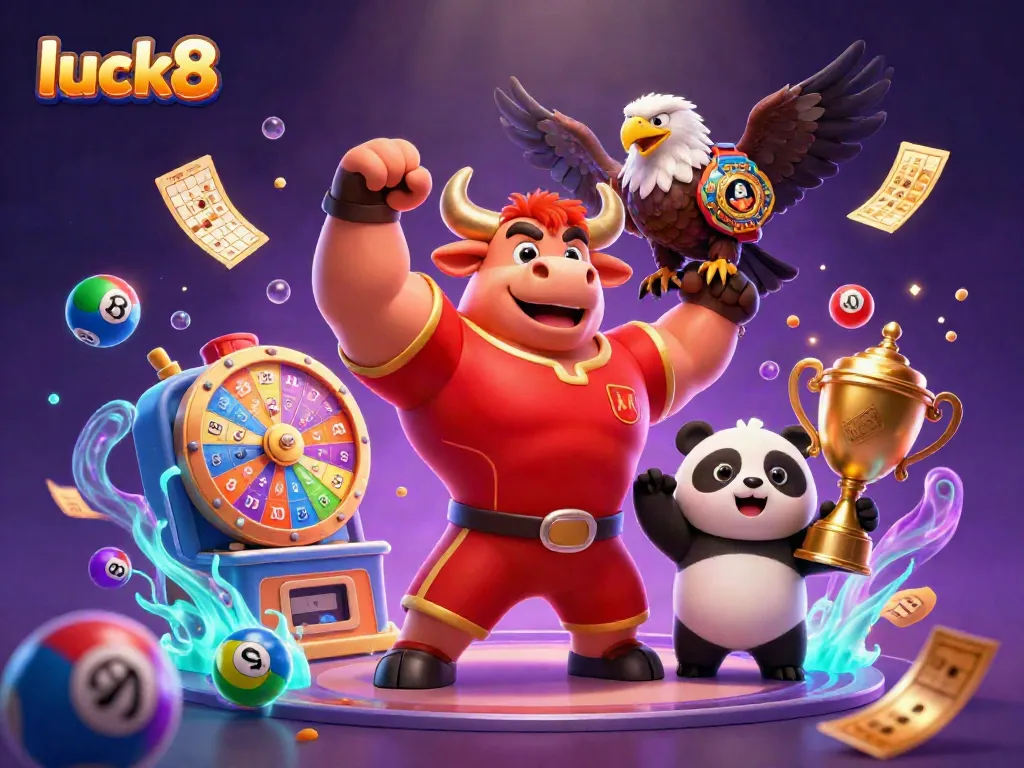 Experience the thrill of luck8 with a vibrant casino scene featuring a dynamic 3D bull mascot, eagle, and panda.