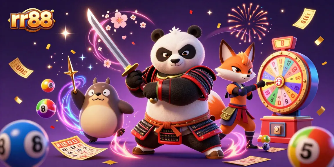 rr88 features a fierce panda samurai and ninja fox amidst a dynamic casino celebration, showcasing vibrant lottery elements.
