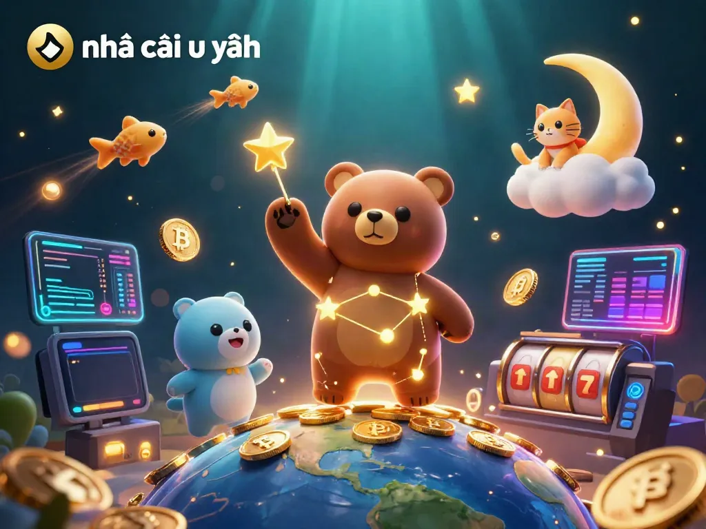 Discover the vibrant universe of nhà cái uy tín with a constellation bear and cosmic elements.