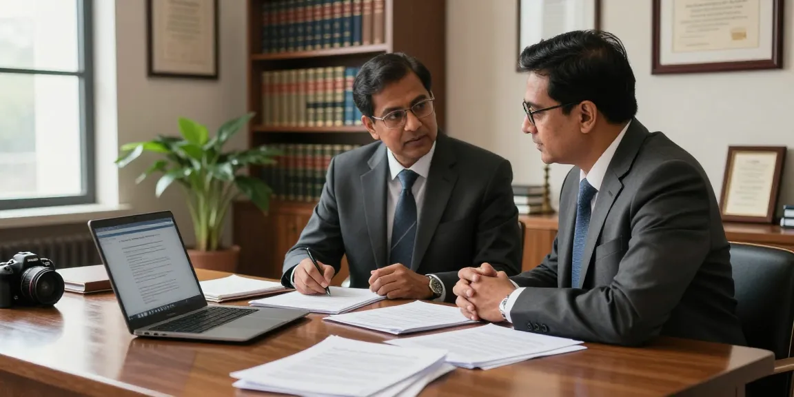 Criminal lawyer consulting with client, showcasing additional info about legal services in a professional office.