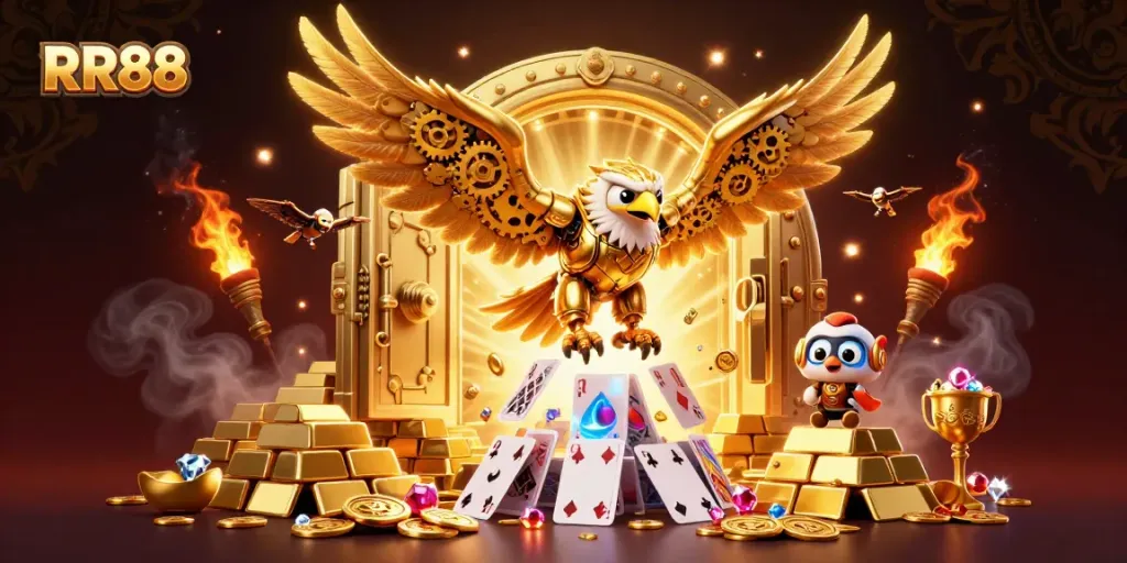 Experience the thrill of RR88 as the cybernetic golden eagle soars through a vibrant casino atmosphere.