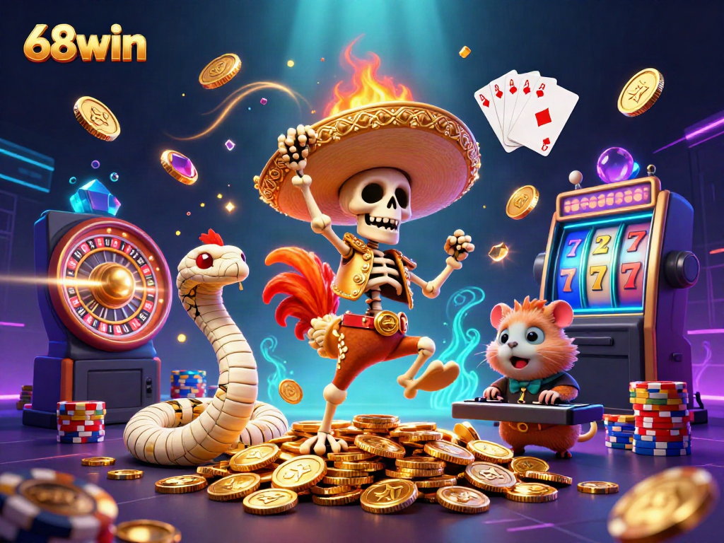 Experience the thrill with 68win's explosive victory dance scene featuring a mariachi rooster, a mummy snake, and a zombie DJ in a vibrant casino atmosphere.