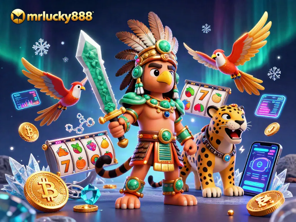 Engage with mrlucky888 in a vibrant online slot game scene featuring Aztec warriors and crypto elements.