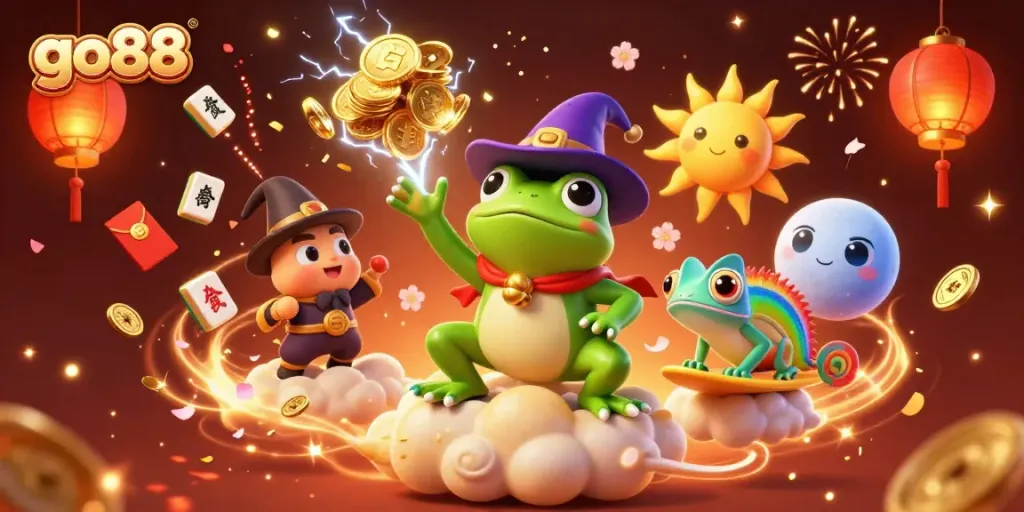 Engage with the vibrant go88 casino atmosphere featuring a wizard frog and chameleon amidst golden coins.