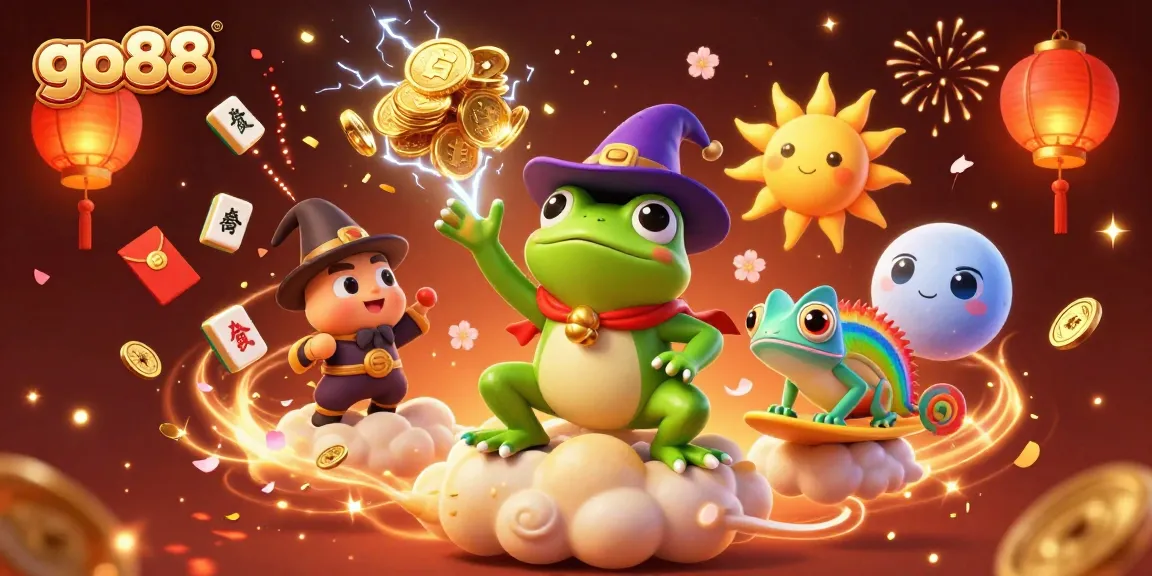 Engage with the vibrant go88 casino atmosphere featuring a wizard frog and chameleon amidst golden coins.