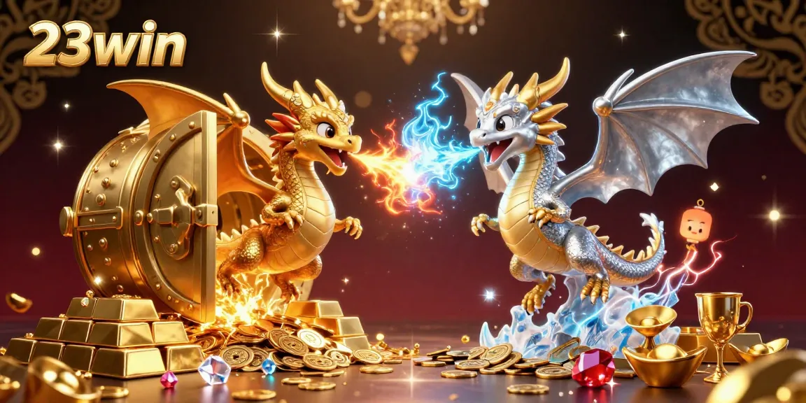 Engage in thrilling gameplay at 23win with vibrant dragons and treasure bursting in a dynamic casino scene.