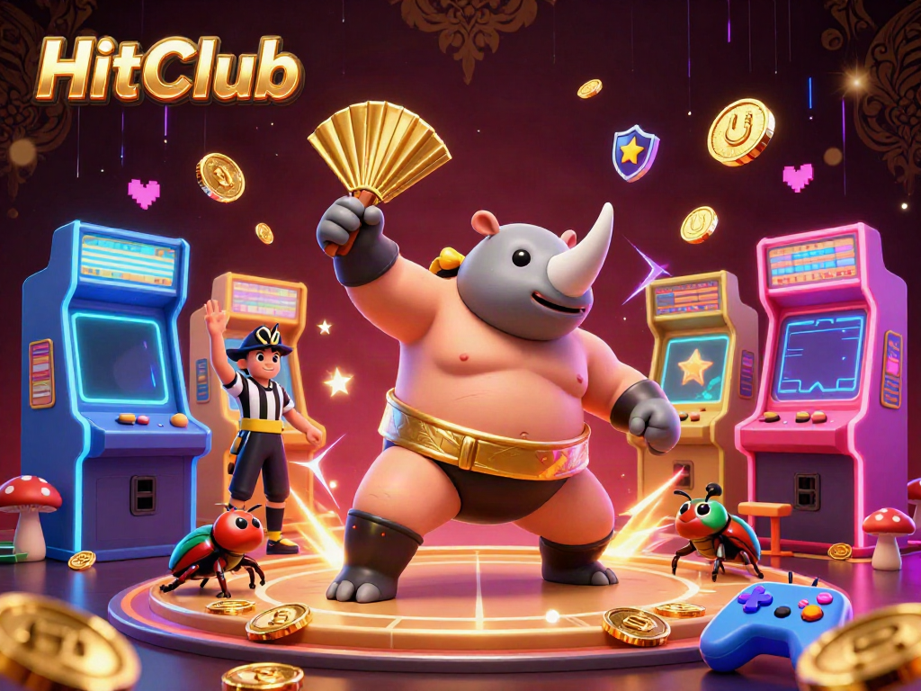 HitClub showcases a cartoon beetle sumo champion amidst flying coins and arcade elements.