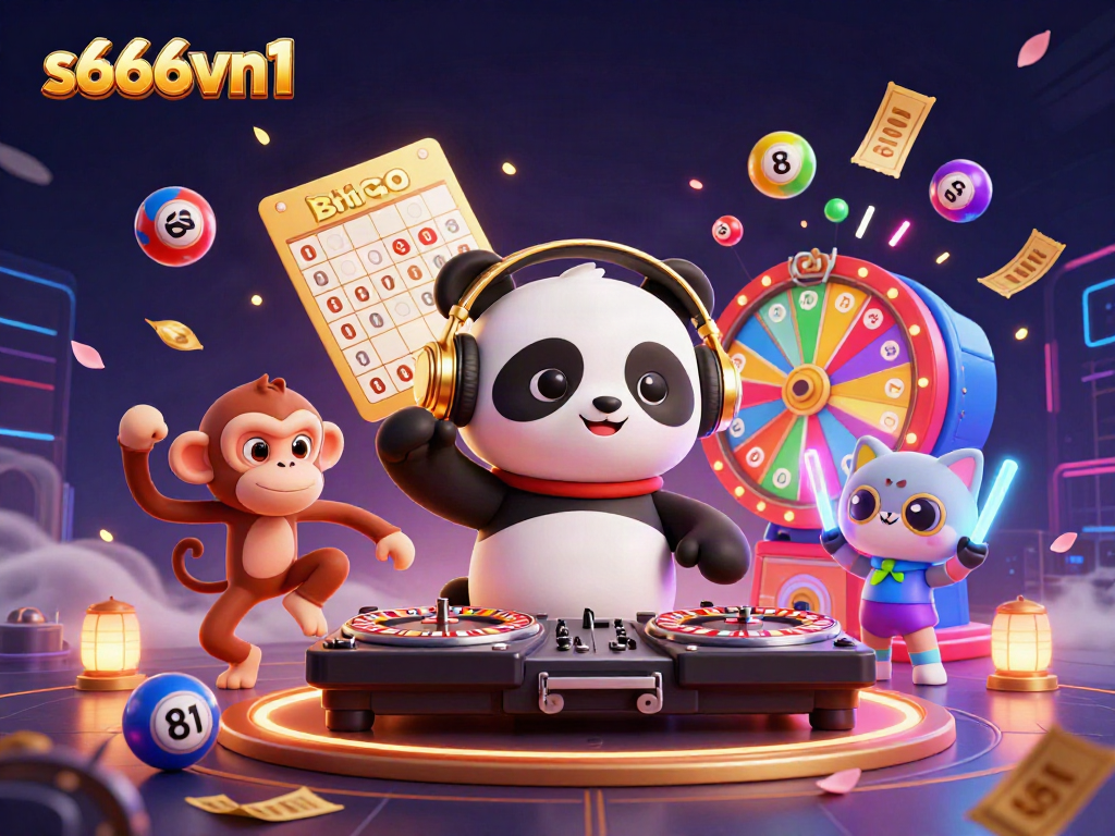 Experience the vibrant fun of s666vn1 with a DJ panda spinning amidst colorful lottery balls and gaming excitement.