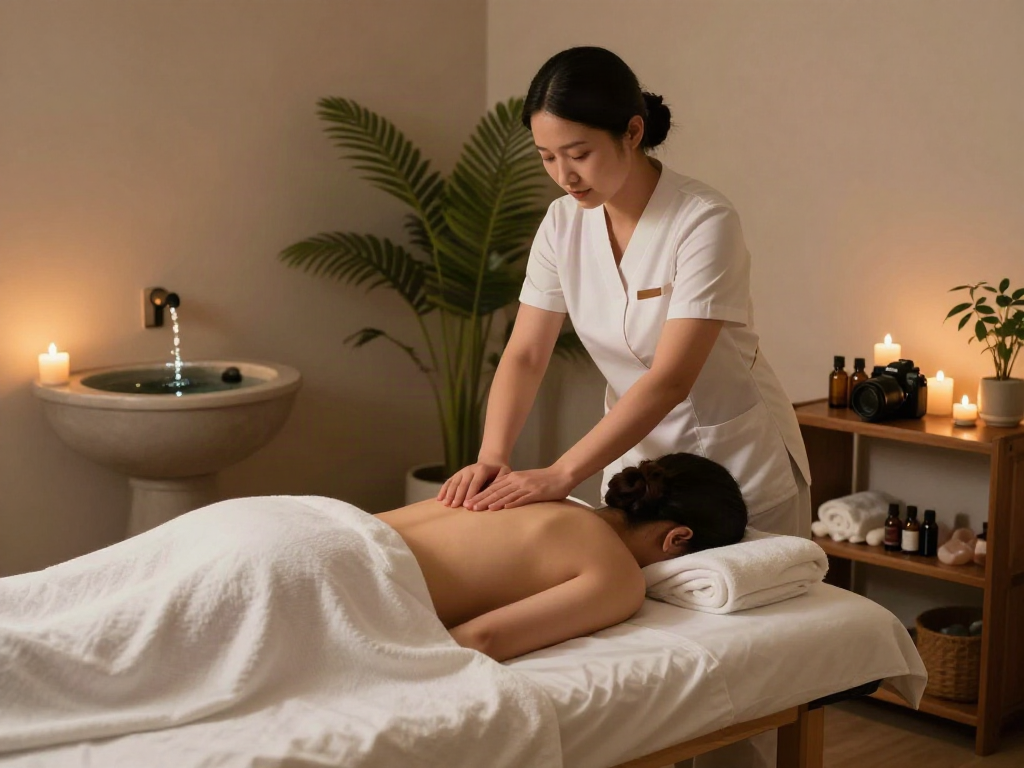 판교출장안마 in a tranquil massage room with relaxing ambiance and essential oils.