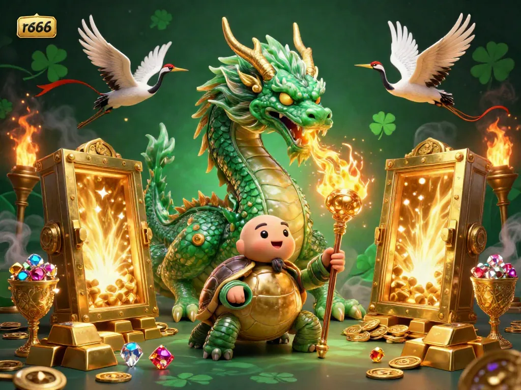 Experience the thrilling adventures of r666 with a majestic jade dragon and gems lighting up the casino.