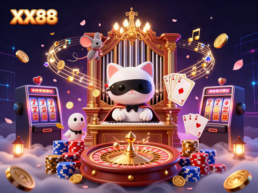 Experience the excitement of XX88 with a dynamic casino scene featuring a masked cat and acrobat.