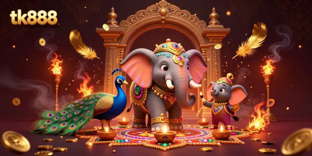 Experience thrilling gameplay at tk888 with a vibrant Diwali-themed casino illustration showcasing exciting elements.