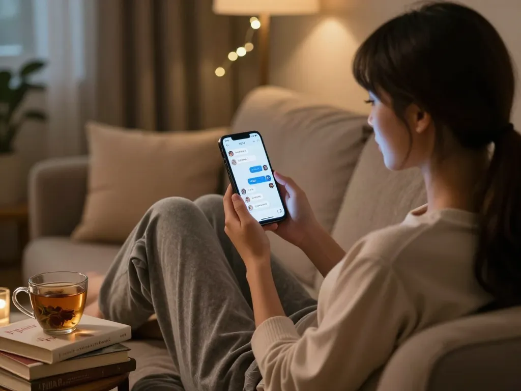 Engaging 18+ ai chatbot conversation in a cozy home setting.