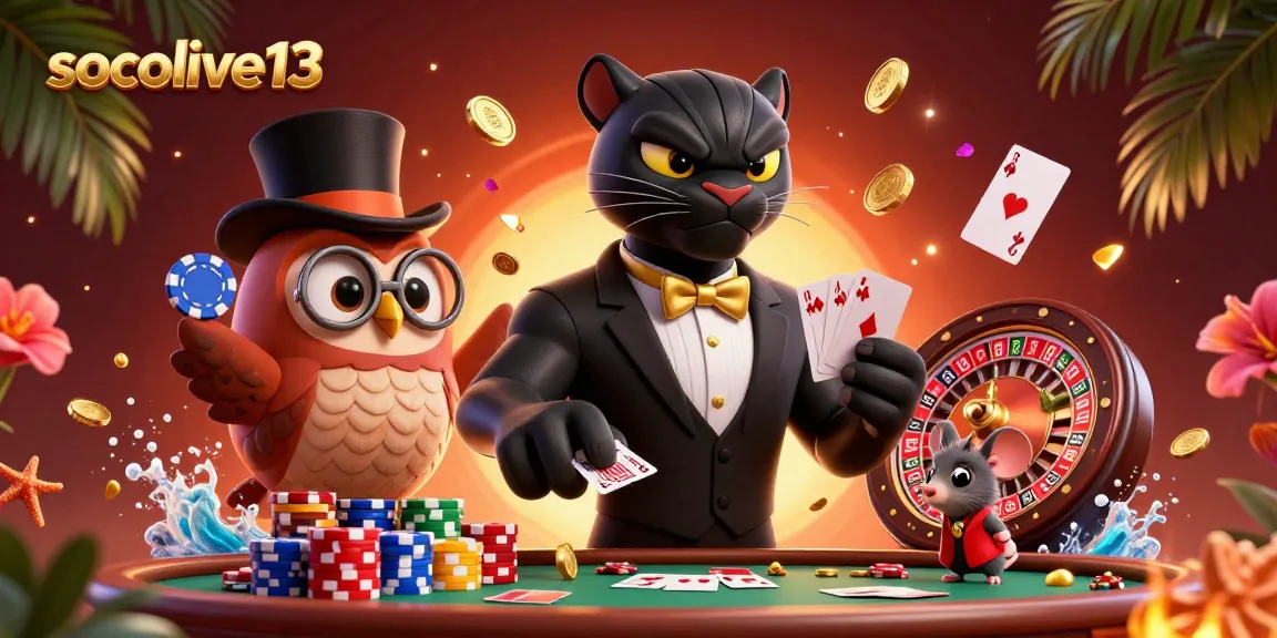 Engaging scene featuring socolive13's stylish black panther dealer with poker elements in a vibrant casino atmosphere.