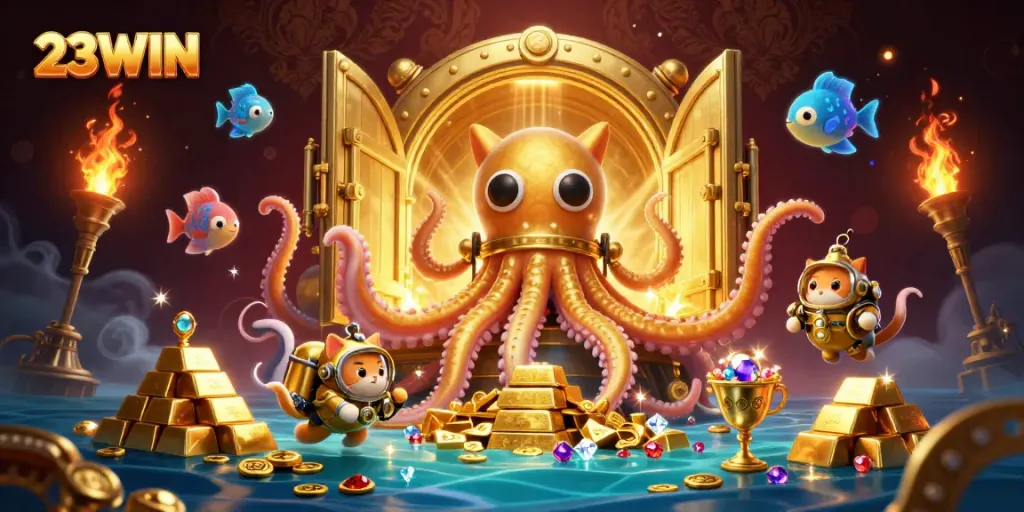 Experience the thrilling online gambling world at 23WIN surrounded by treasure-filled adventures.