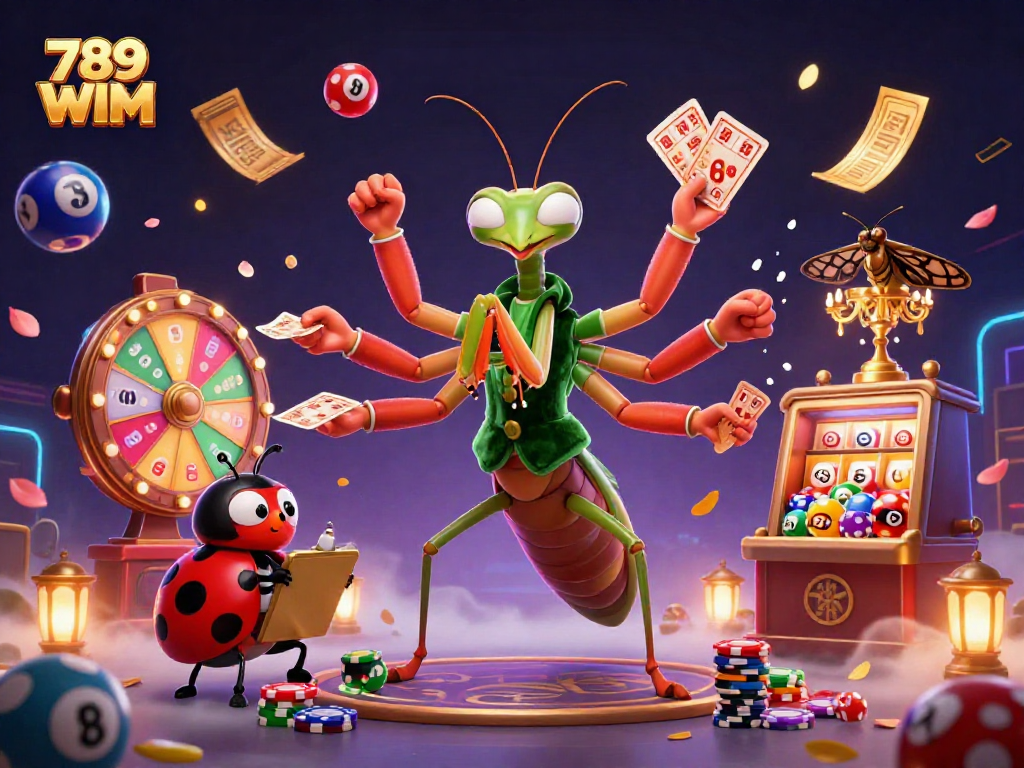 Engage with the exciting world of 789 WIM as characters shuffle cards and celebrate with champagne and lottery balls.
