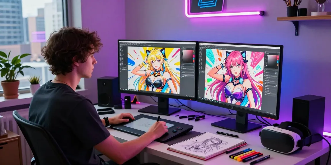 Artist creating stunning ai ecchi digital art in a vibrant workspace
