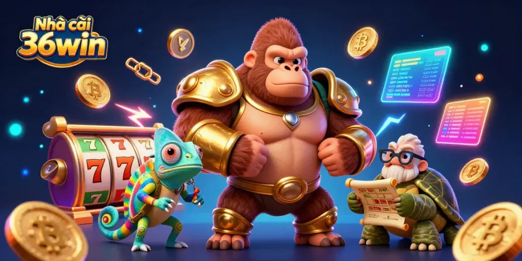 Engage with Nhà cái 36win as the powerful gorilla king, chameleon companion, and tortoise elder immerse in a vibrant 3D casino adventure.