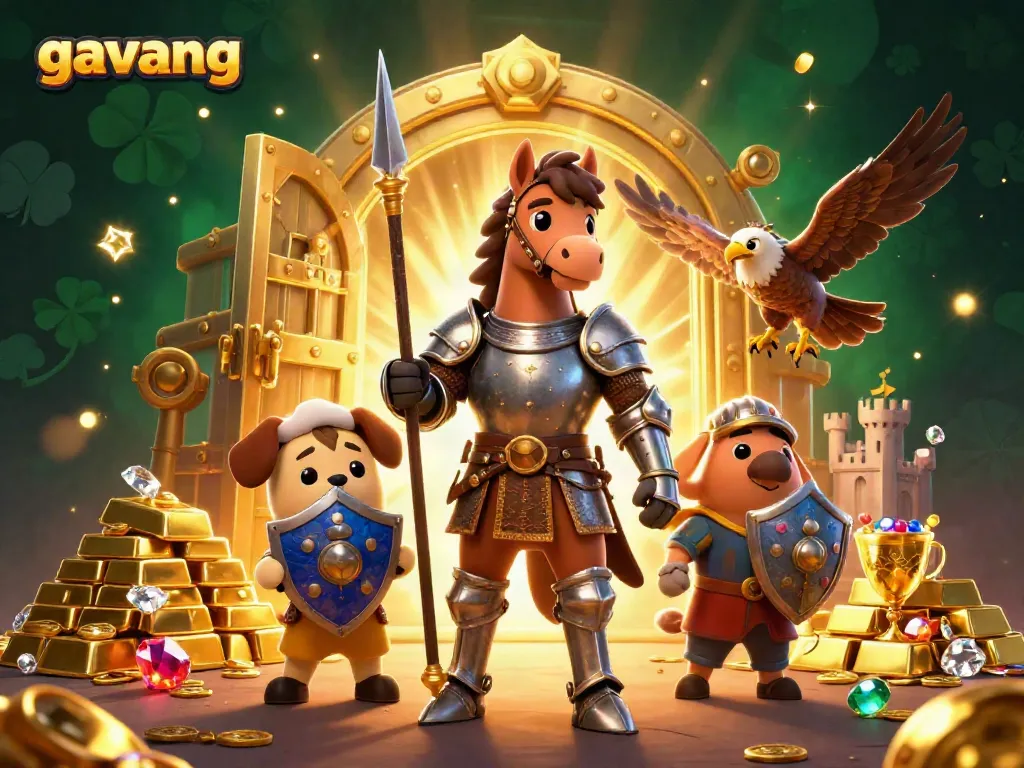 Gavang showcases exciting online gaming with a medieval knight and treasures in this lively casino illustration.