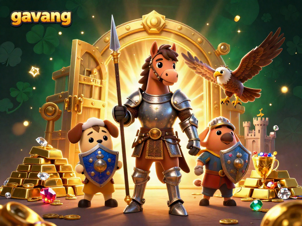 Gavang showcases exciting online gaming with a medieval knight and treasures in this lively casino illustration.