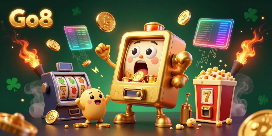 Exciting scene of the Go8 jackpot celebration with animated slot machines and floating cryptocurrencies.