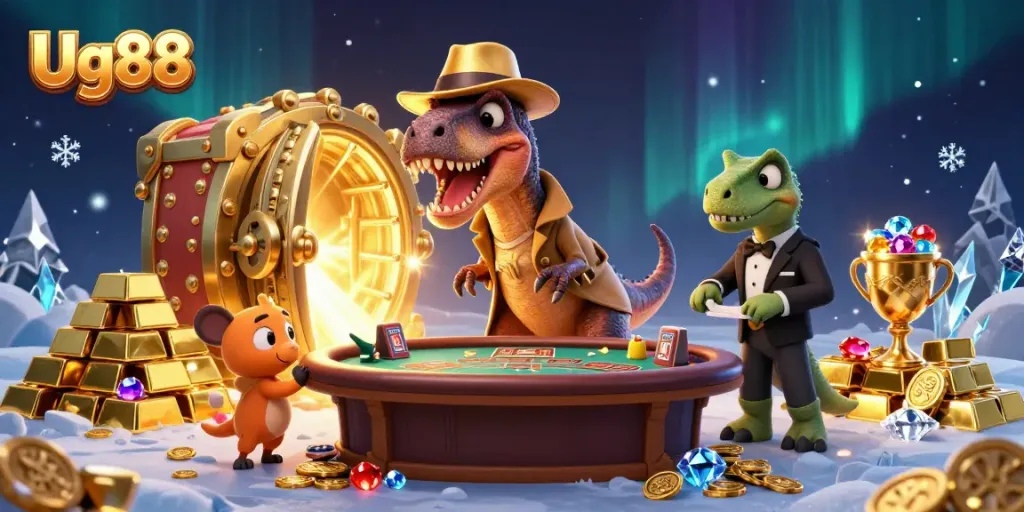 Ug88’s thrilling casino scene with a velociraptor card counter amidst a treasure-filled backdrop.