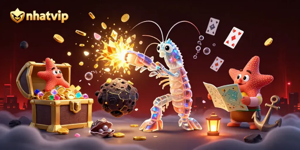 A dynamic scene showcasing a galactic samurai mantis shrimp and a starfish in an adventure, featuring golden gems and casino elements, promoting nhatvip.