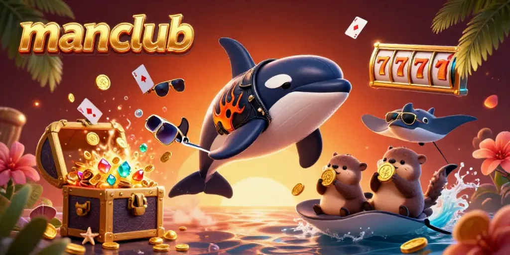 Experience the thrill of manclub casino gaming with playful sea creatures celebrating wins amidst vibrant underwater elements.