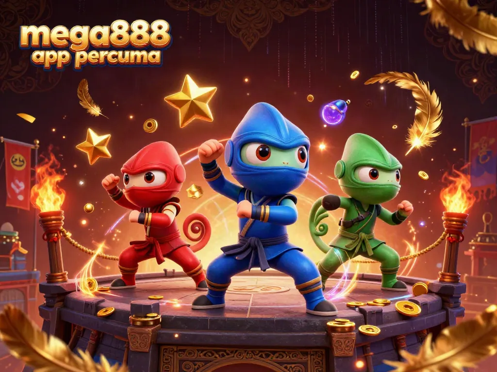 Dynamic scene of a chameleon team showcasing martial arts with coins and elements from the mega888 app percuma.