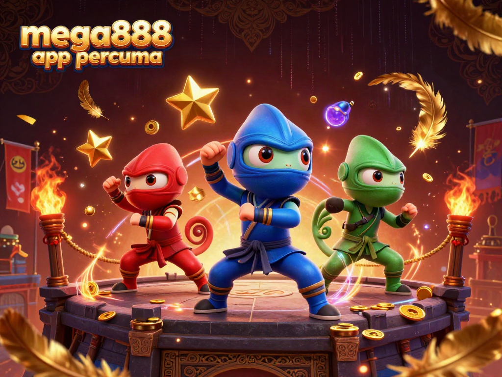 Dynamic scene of a chameleon team showcasing martial arts with coins and elements from the mega888 app percuma.