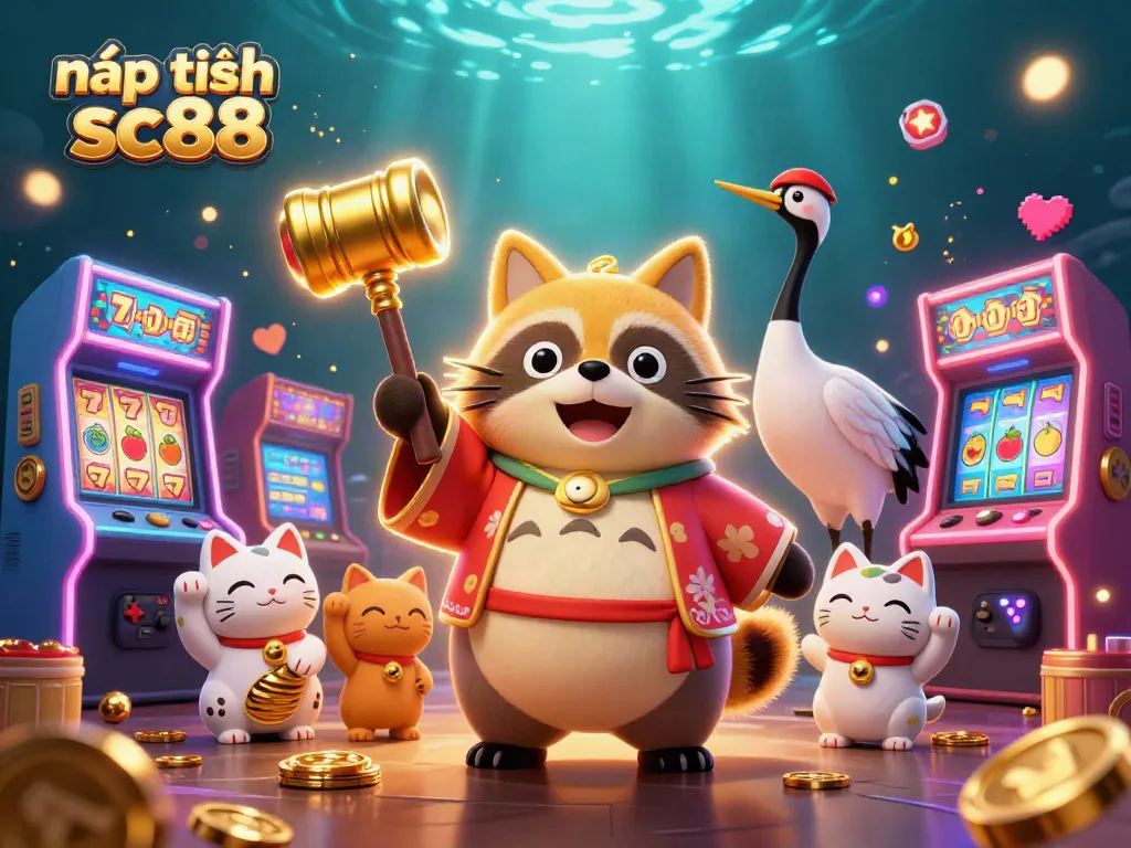 Experience engaging nạp tiền sc88 action with lucky tanuki and vibrant slot elements in this captivating illustration.