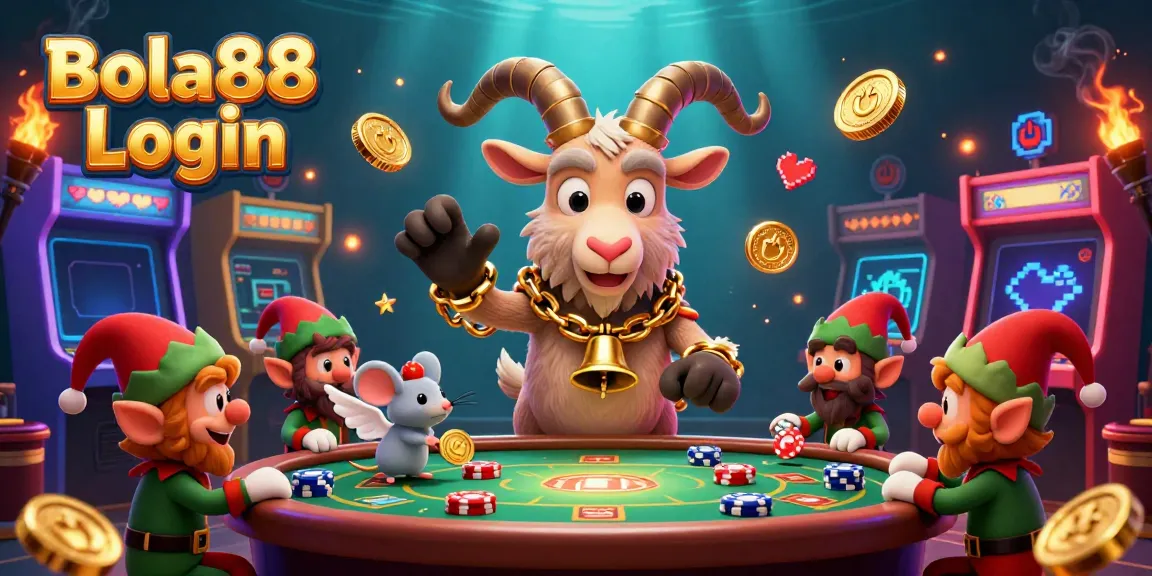 Bola88 Login showcases a lively casino scene with Krampus overseeing playful gremlins and an angelic mouse, mixing vibrant game elements.