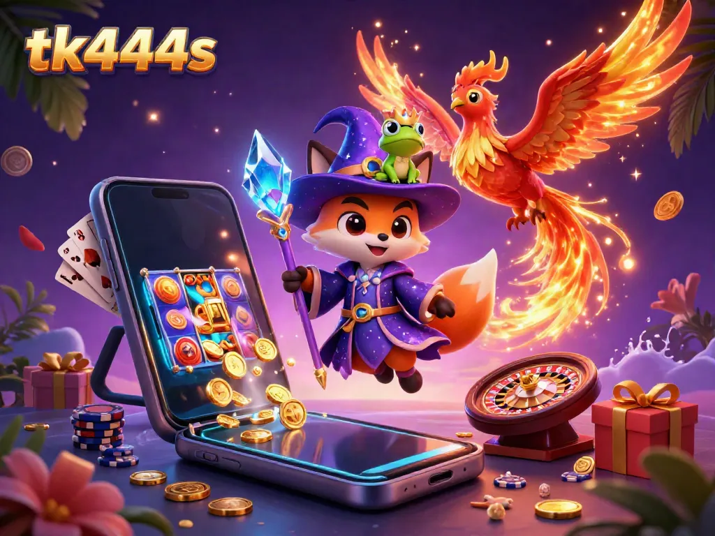 Experience exciting wins at tk444s with a mystical wizard fox and flaming phoenix in a vibrant casino setting.