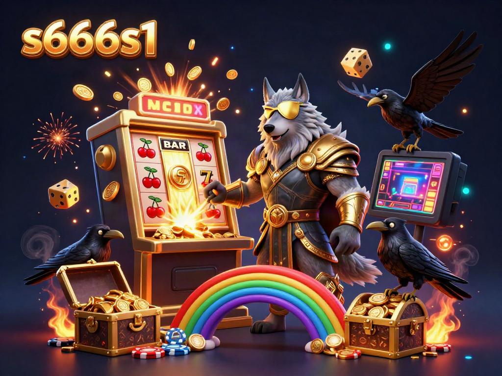 Experience the excitement at s666s1 with 3D Norse-inspired characters celebrating near a jackpot slot machine.