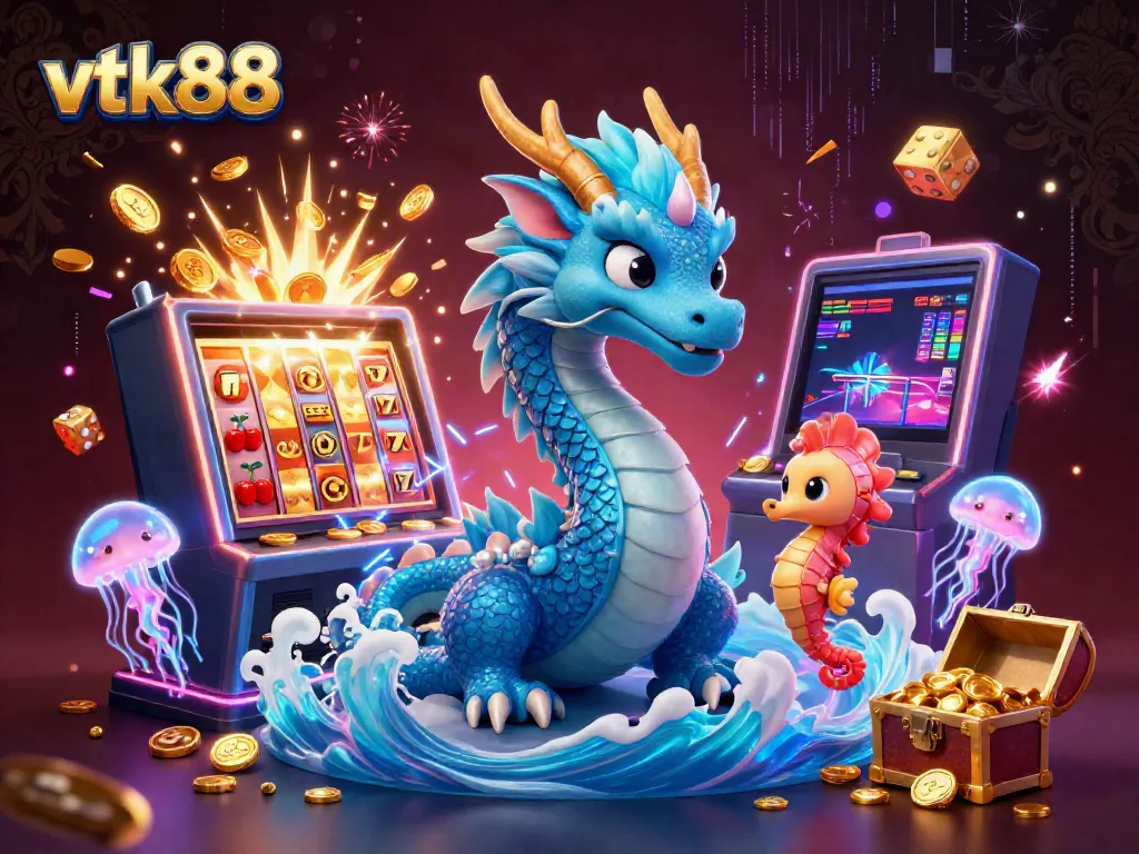 Experience the thrilling magic of vtk88 with a vibrant casino scene featuring a majestic water dragon and slot machine bursts.