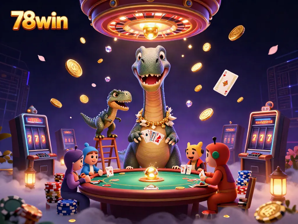 Play high-stakes poker with 78win in a thrilling casino scene illustrated with vibrant characters and dynamic game elements.