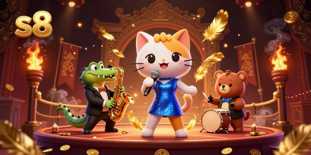 Engage with exciting games at s8, featuring fun characters in a lively casino scene.