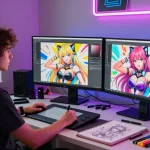 Artist creating stunning ai ecchi digital art in a vibrant workspace