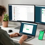 Engaging with WhatsApp網頁版 on a laptop in a modern workspace.