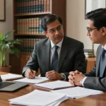 Criminal lawyer consulting with client, showcasing additional info about legal services in a professional office.