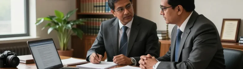 Criminal lawyer consulting with client, showcasing additional info about legal services in a professional office.
