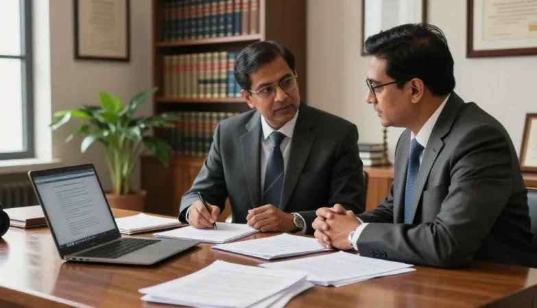 Criminal lawyer consulting with client, showcasing additional info about legal services in a professional office.